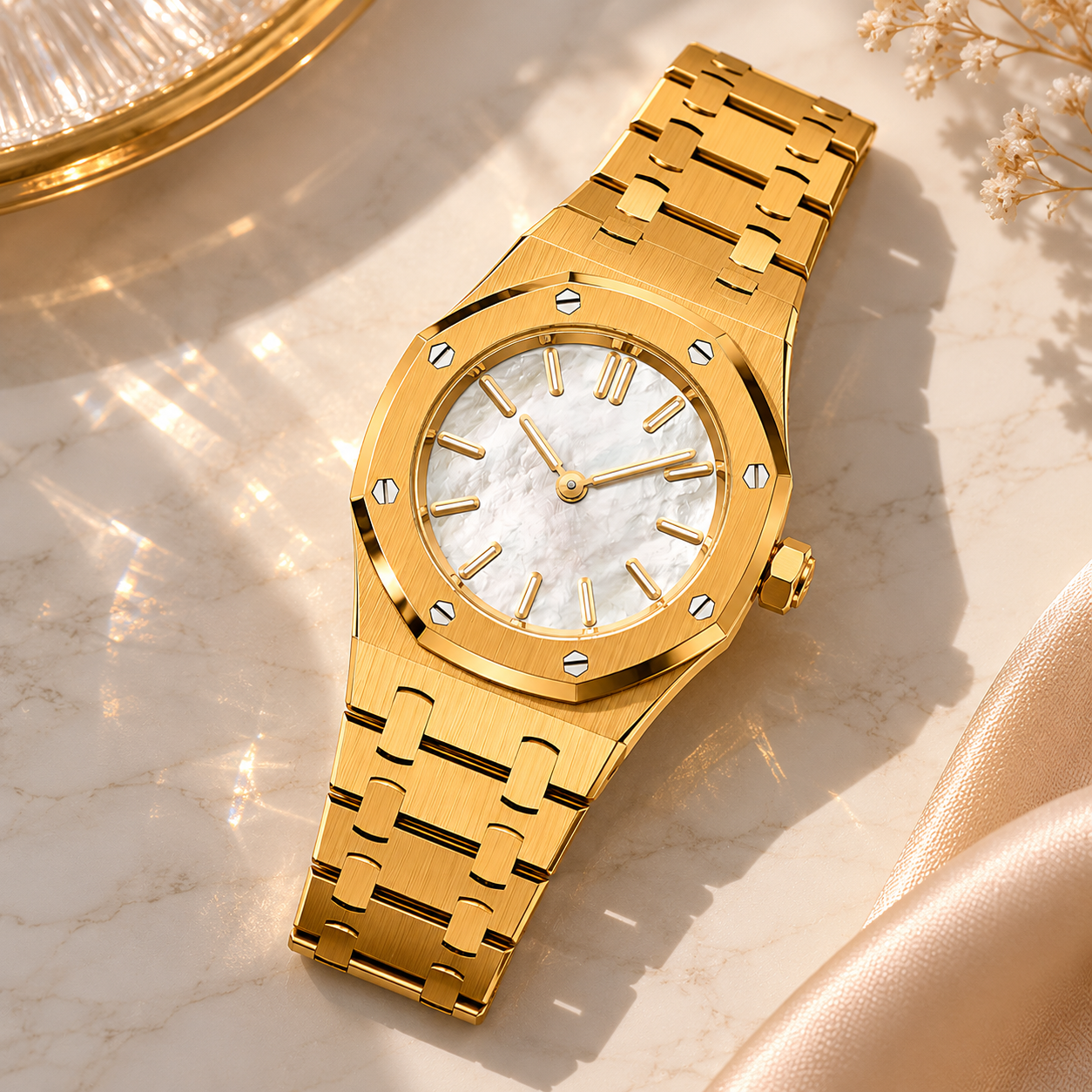 The Aurelia styled on marble with golden tray and dried florals