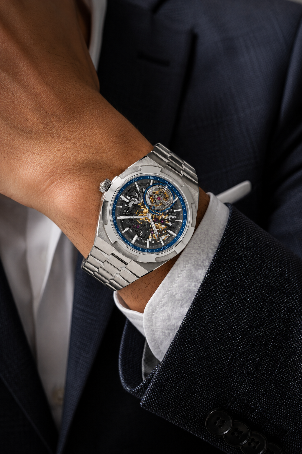 Skeleton tourbillon watch worn with a navy suit