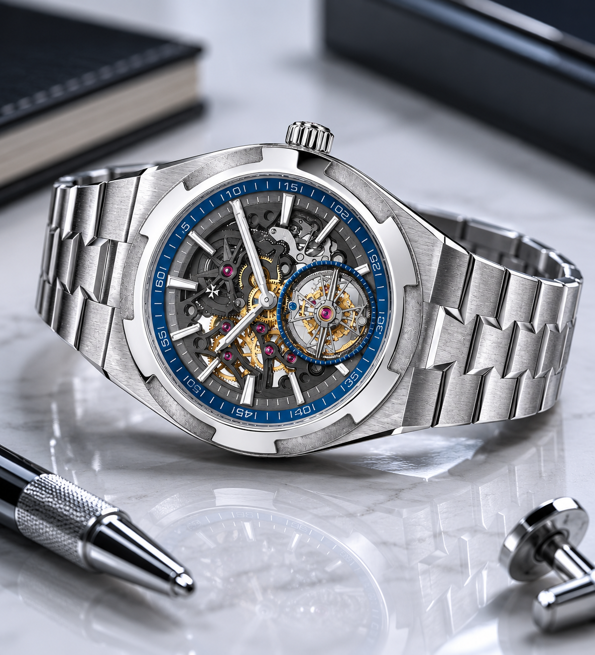 Skeleton tourbillon watch on a marble desk